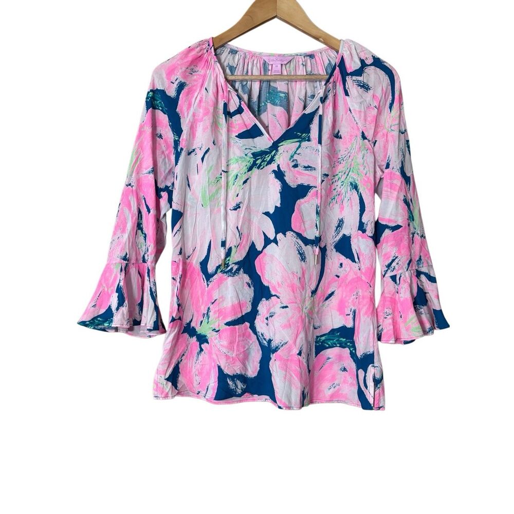 Lilly Pulitzer Willa Flounce Sleeve Top Tidal Wave Pans Garden XS
